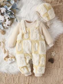 Baby Boys' Cute Rabbit Pattern Jumpsuit With Bibs And Sweater Set - Apricot - View 3