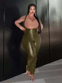 Slaydiva Jumpsuit Ukuran Plus Backless Ruched Zip Plain Pesta - Hijau Tentara - View 5