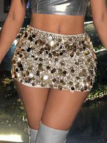 Slaydiva 女士闪亮迷你裙、女士派对、性感贴花、撞色亮片、拉链迷你常规款低腰金色花卉、纯色女士裙子、春/夏、派对/夜总会服装 - 金色 - 查看 4