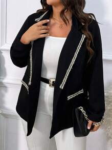 SHEIN LUNE Plus Size Women's Color-block Edge Single Button Blazer - Black - View 3