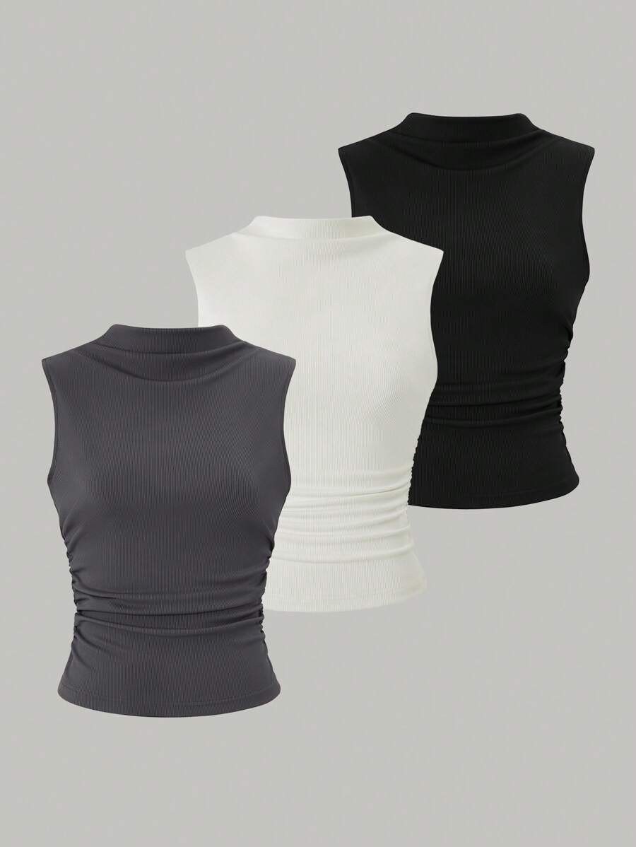 SHEIN LUNE Women's Solid Color Sleeveless Tank Top For Summer Three Pieces - Multicolor - View 1