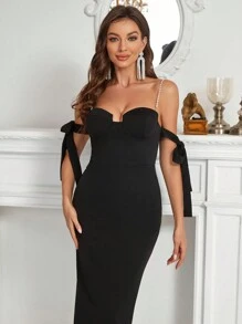 SHEIN Belle Cold Shoulder Knot Side Split Back Cocktail Dress - Black - View 6