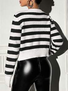 SHEIN Unity Women's Striped Front Tie Cardigan - Black and White - View 2