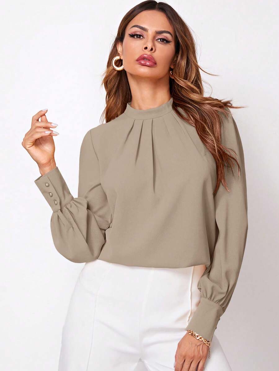 SHEIN Clasi Blusa Con Cuello Alto, Pliegue En La Parte Posterior Y Cerrada Con Llave - Caqui - Ver 1