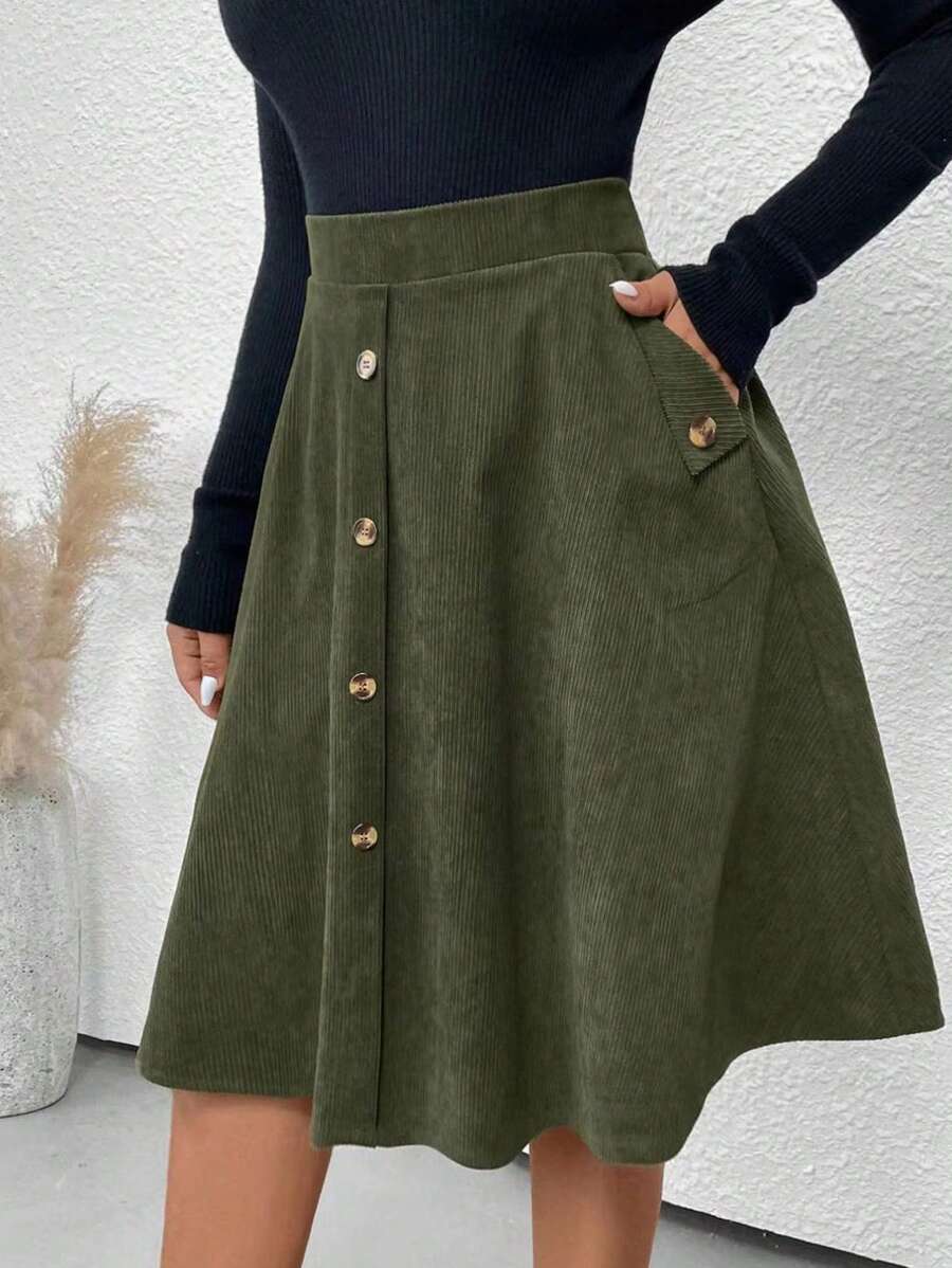 SHEIN LUNE Của phụ nữ Vải to sợi Váy chữ A - xanh quân đội - Xem 1