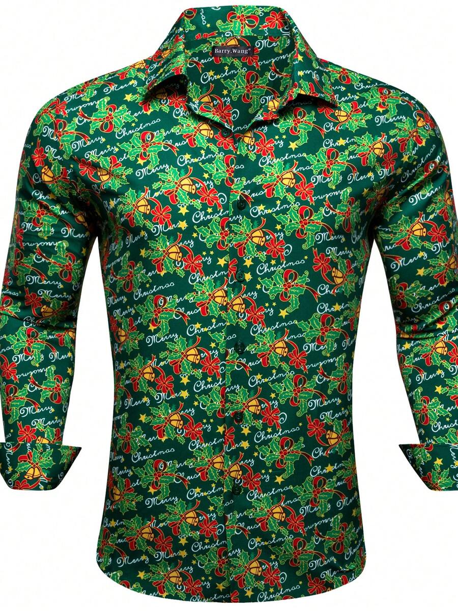 Men's Plus Size Christmas Printed Shirt - Green - View 1