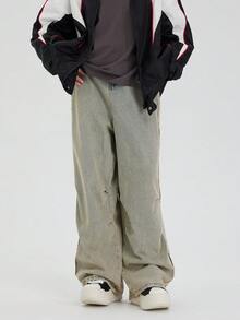 男士磨邊褶皺設計寬鬆直筒牛仔褲 - 淺色水洗藍 - 查看 1