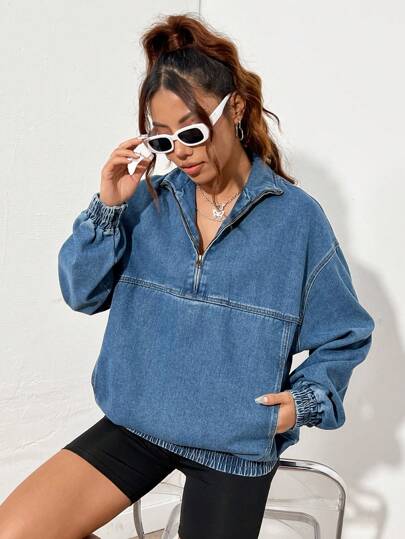 SHEIN ICON Half Zipper Slouchy Denim Top With Drop Shoulder, Fall Women Clothes