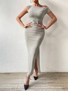 Chiquease Women's Asymmetric Cold Shoulder High Slit Dress - Champagne - View 5