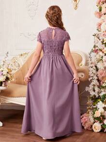 SHEIN 青少女針織純色蕾絲拼布針織裙 - 淺灰紫 - 查看 2