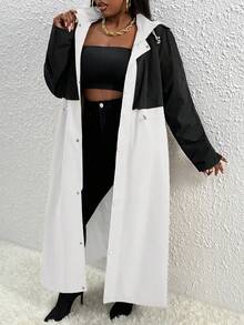 Slaydiva Của phụ nữ Kích thước lớn Khối màu áo có mũ Áo khoác Trench Với Mặt trước Dây kéo Và Eo dây rút - Đen và trắng - Xem 3