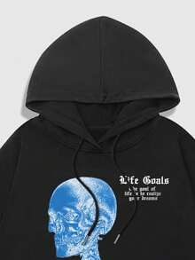 ROMWE MEN Street Life Men's Skull Slogan Printed Hoodie - Black - View 4