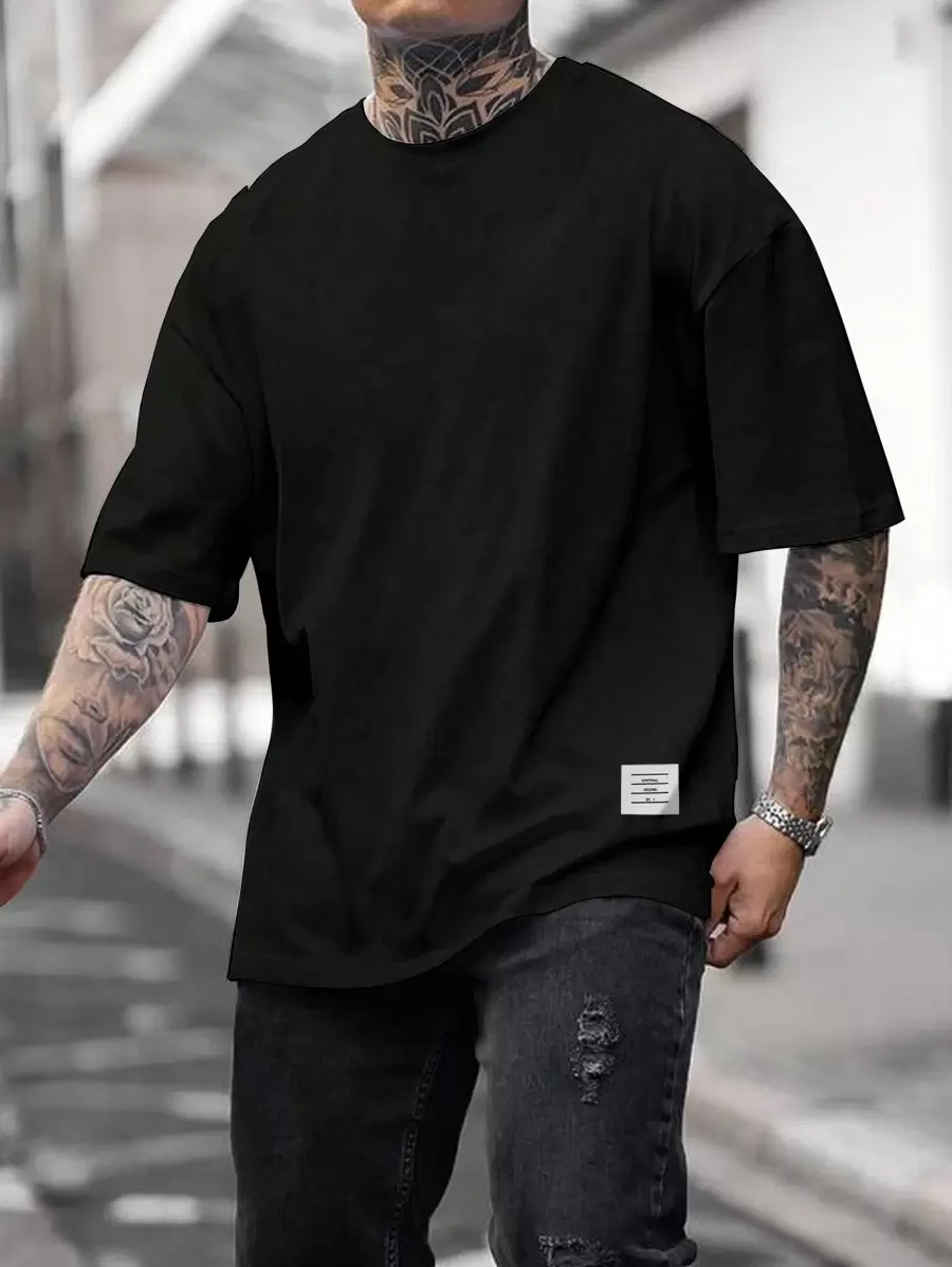 Manfinity Homme Camiseta Con Parches Para Hombres - Negro - Ver 1