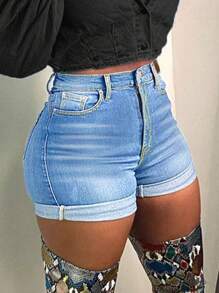 Denim Shorts With Frayed Hem And Slim Fit Design - Light Wash - View 3