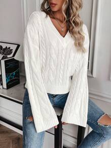 SHEIN Essnce Màu thuần Xoắn Dan Thả vai Áo len - trắng - Xem 1