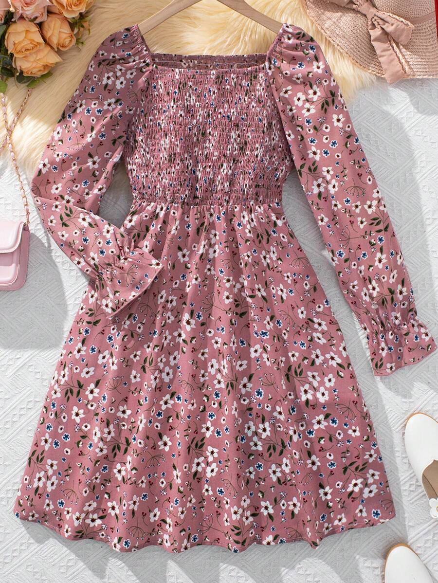 SHEIN 少女長袖花卉連衣裙，淑女文靜 - 彩色 - 查看 1