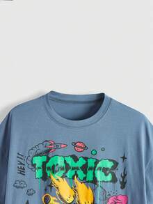 Straight Ahead Women's Cartoon Letter Print Short Sleeve T-shirt - Blue - View 4