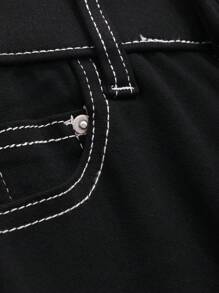 Livesso Women's Color-Block Stitching Slim Fit Denim Pants - Black - View 3