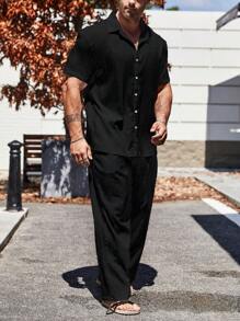 Manfinity Homme Conjunto De Camisa Y Pantalón De Hombre De Un Solo Color - Negro - Ver 4
