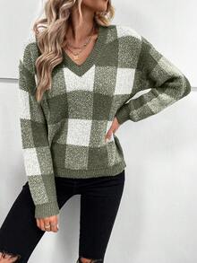 SHEIN LUNE V-Neck Drop Shoulder Sweater - Army Green - View 3