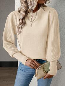 SHEIN Essnce 純色燈籠袖毛衣 - 杏色 - 查看 5