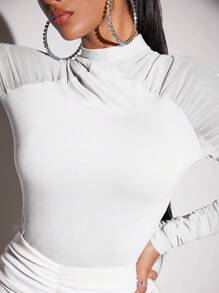 SHEIN SXY Stand Collar Knitted Top With Pleats And Raglan Sleeve - White - View 7