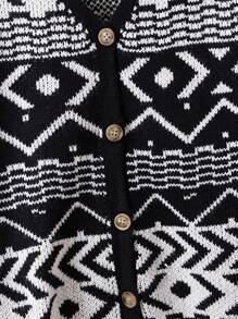 SHEIN Geometric Pattern Cardigan, For Tween Girls - Black and White - View 4