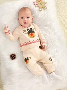 SHEIN 2入組寶寶男孩耶誕圖案套衫套裝(上下裝) - 彩色 - 查看 6