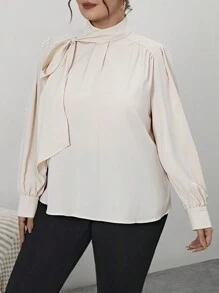SHEIN Privé Plus Size Women's Tie Neck Button Up Shirt - Apricot - View 7
