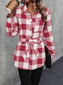 SHEIN LUNE 格紋前紐扣腰帶襯衫 - 紅白色 - 查看 6