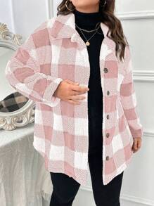 SHEIN LUNE Plus大小格紋下垂肩抱抱外套 - 粉色 - 查看 1