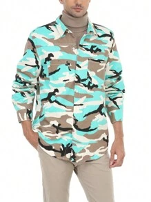 Manfinity Homme Men's Camouflage Printed Button-front Denim Shirt With Patch Pocket - Multicolor - View 5