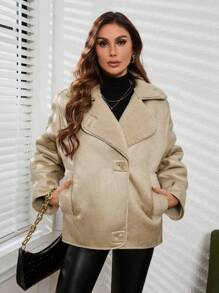 SHEIN Essnce 女款絨面革翻領夾克 - 米色 - 查看 4