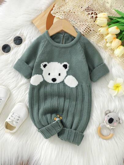 SHEIN Vintaside Kids Baby Girl Cute Bear Patterned Sweater Jumpsuit