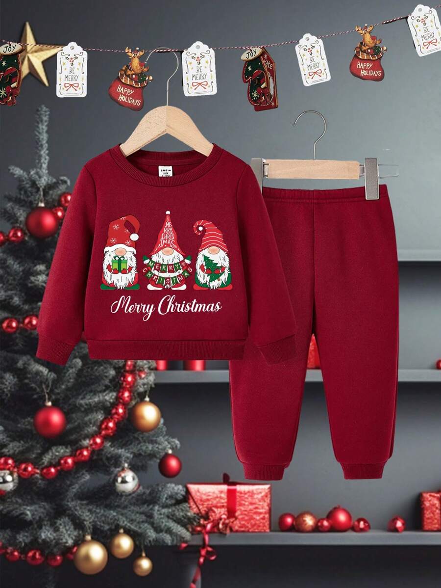 嬰兒女童聖誕印花衛衣和運動褲 - 酒紅色 - 查看 1