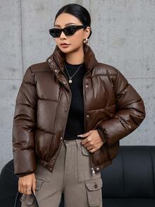 SHEIN Essnce 女士冬季纯色 PU 皮革前拉链休闲短款加厚棉服外套 - 咖啡棕 - 查看 3