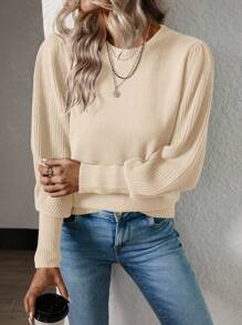 SHEIN Essnce 純色燈籠袖毛衣 - 杏色 - 查看 4