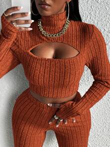 Slaydiva Slayr Casual Home Style Tailoring Cổ cao Khoét sâu Phía trước Ngắn Tay Dài Áo thun Quần dài xẻ gấu màu cam Bộ đồ hai mảnh bó dành cho nữ - Gỗ đỏ - Xem 4