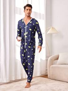 Men's Lemon Print Hooded Jumpsuit For Homewear - Multicolor - View 6