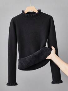 SHEIN Tween Girls Turtleneck Thermal Lined Sweater - Black - View 1
