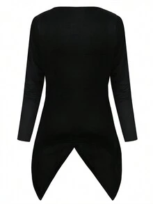 SHEIN LUNE 大碼不對稱下擺v領t卹 - 黑色 - 查看 2