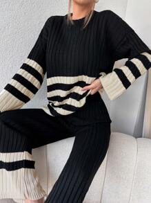 RueChic Striped Pattern Drop Shoulder Sweater & Knit Pants - Black and White - View 4