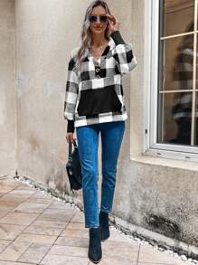 EMERY ROSE Women'S Checkered Drop Shoulder Sweatshirt - Black and White - View 6