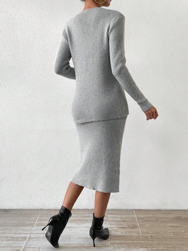 Women'S Notched Neck Sweater And Knitted Skirt Two Piece Set Fall Cloth For Women