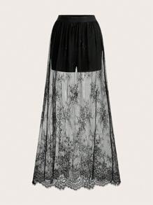 Sweetra Elastic Waist Lace Skirt Maxi Women Outfit - Black - View 1