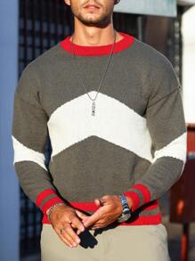 Manfinity Homme Men's Round Neck Color Block Sweater - Dark Grey - View 1