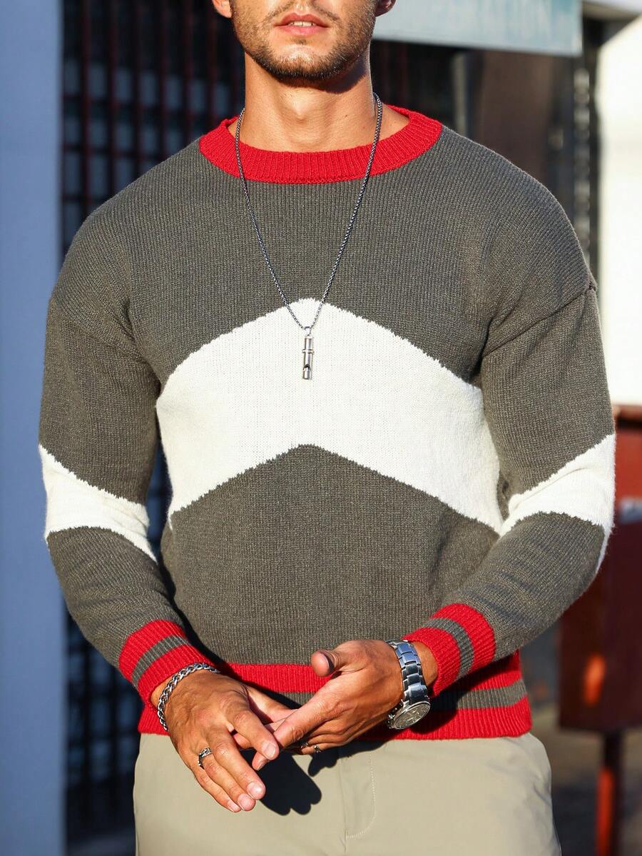 Manfinity Homme Men's Round Neck Color Block Sweater - Dark Grey - View 1
