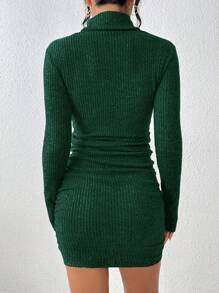 SHEIN Frenchy Women's High Neck Ribbed Bodycon Dress - Dark Green - View 2