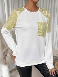 SHEIN LUNE Color Block Long Sleeve Sweatshirt With Pocket