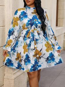 Celure 大尺碼花朵印花褶襉下擺束帶連身裙 - 彩色 - 查看 5